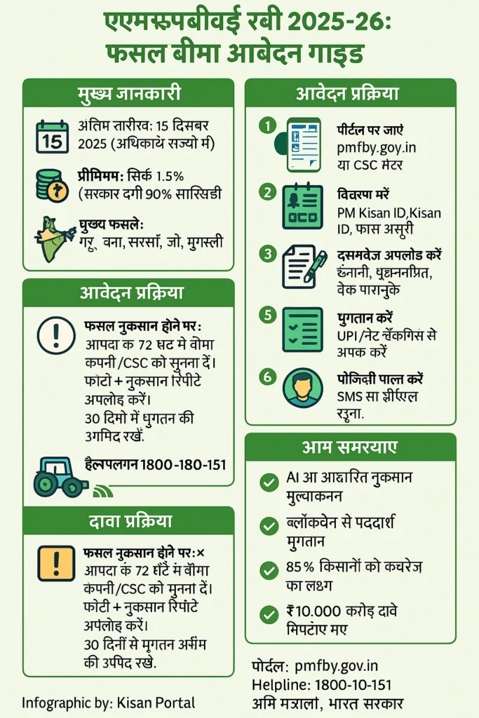 PMFBY Rabi 2025-26 infographic showing insurance registration, claim process, deadlines, and premium details for farmers.