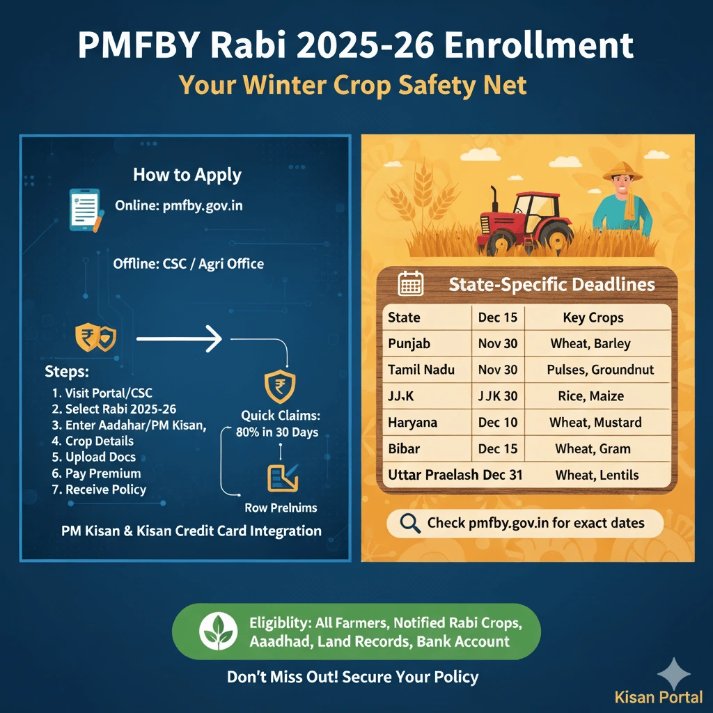 PMFBY Rabi 2025-26 infographic showing insurance registration, claim process, deadlines, and premium details for farmers.
