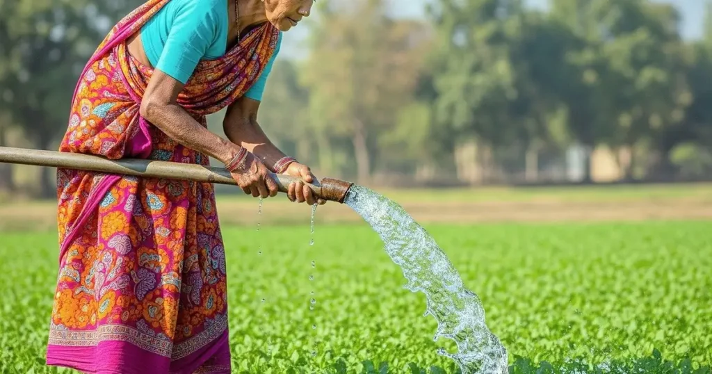 Indian farmer checking PMFBY installment status on a mobile phone for 2026 updates.